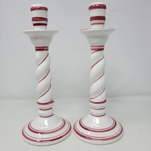 Pair of Casa Fina Portugal Twisted Candlesticks White Red Striped Ceramic 11"